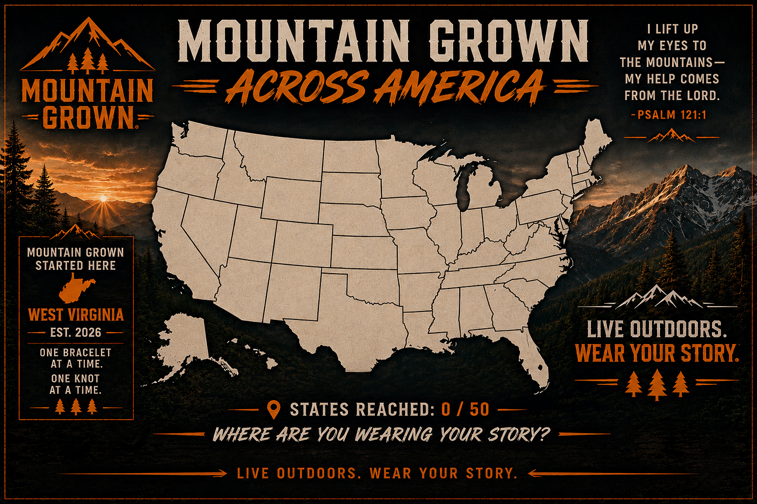 Mountain Grown Across America banner featuring the U.S. map, West Virginia start marker, Psalm 121:1, and the Mountain Grown brand artwork