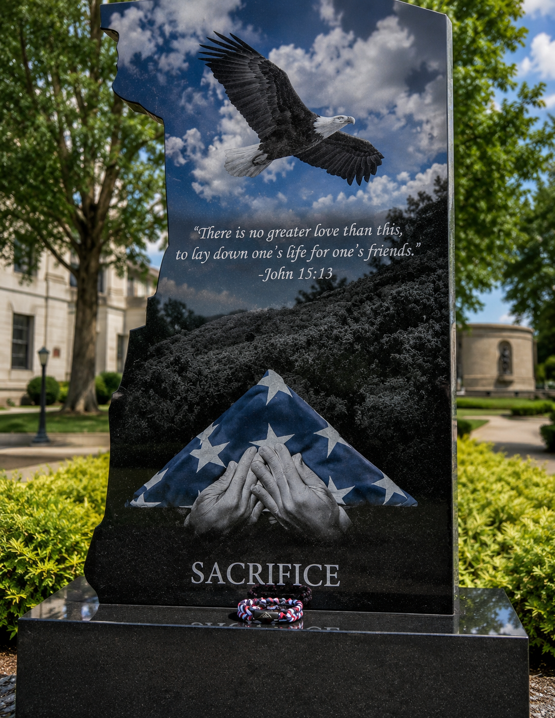 Handcrafted Freedom Ain't Free tribute bracelet with Bald Eagle and American Flag details